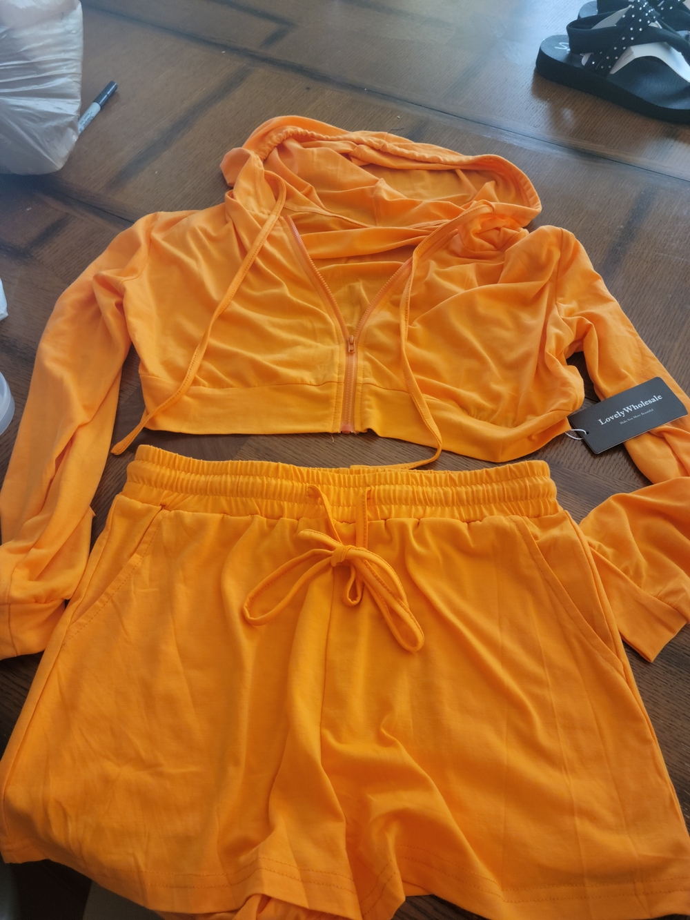 Cropped Zip Light Hoodie & Drawstring Shorts Set - Vibrant Orange